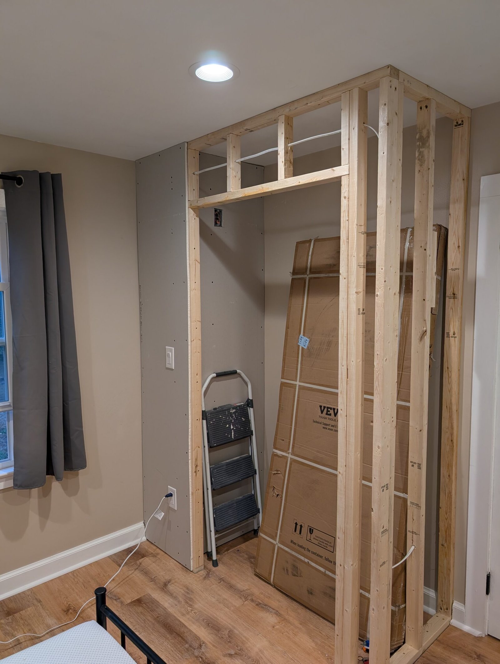 Sheetrock installed on the toilet-stack side of the closet